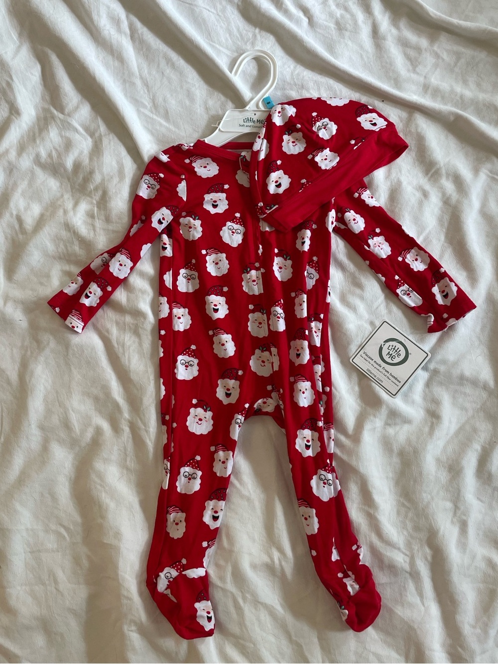 Little Me Red Santa Face Footed One-Piece with Hat